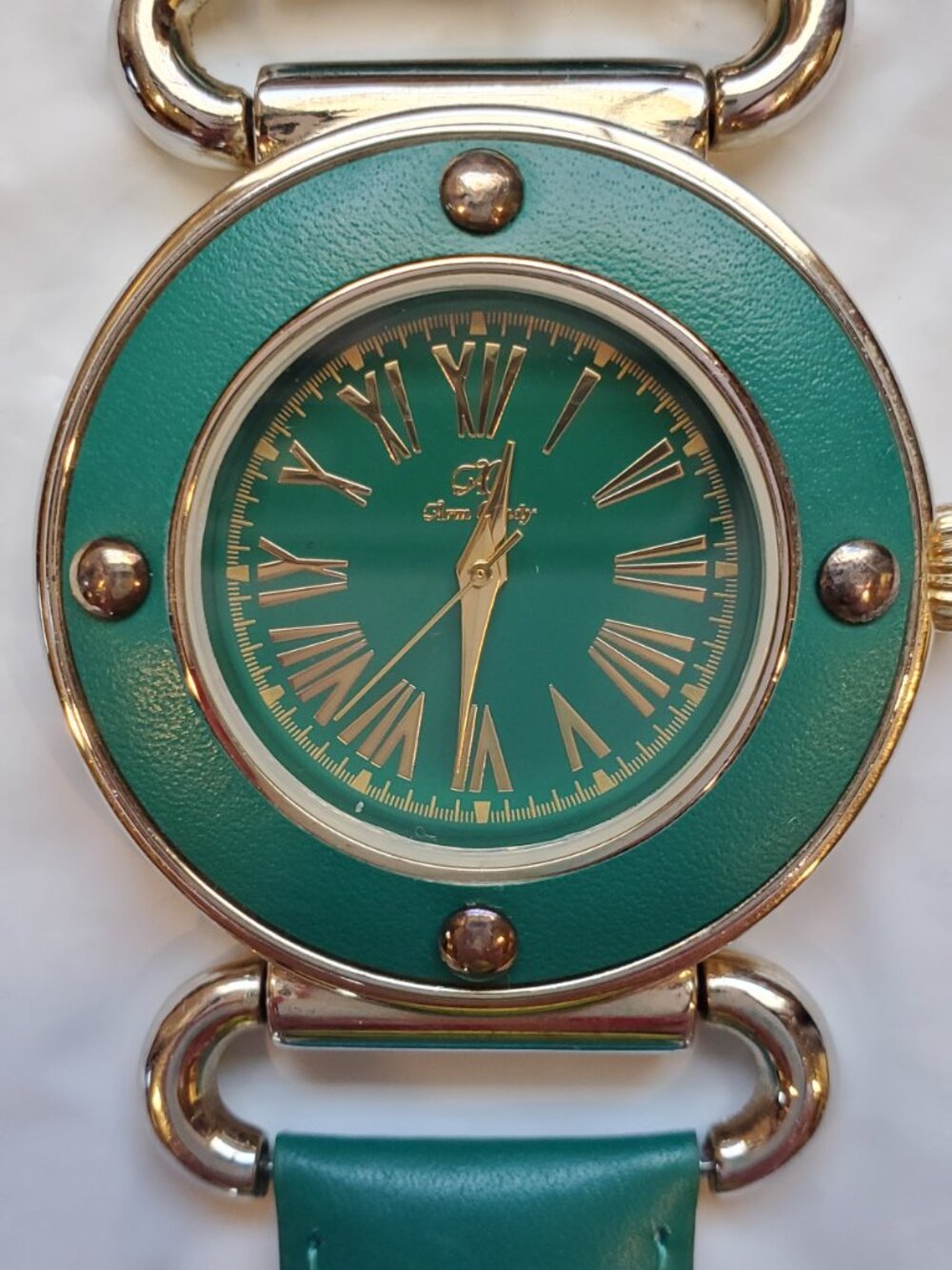 ARM CANDY Round Teal Blue Green Silver Leather Band Ladies Wrist Watch